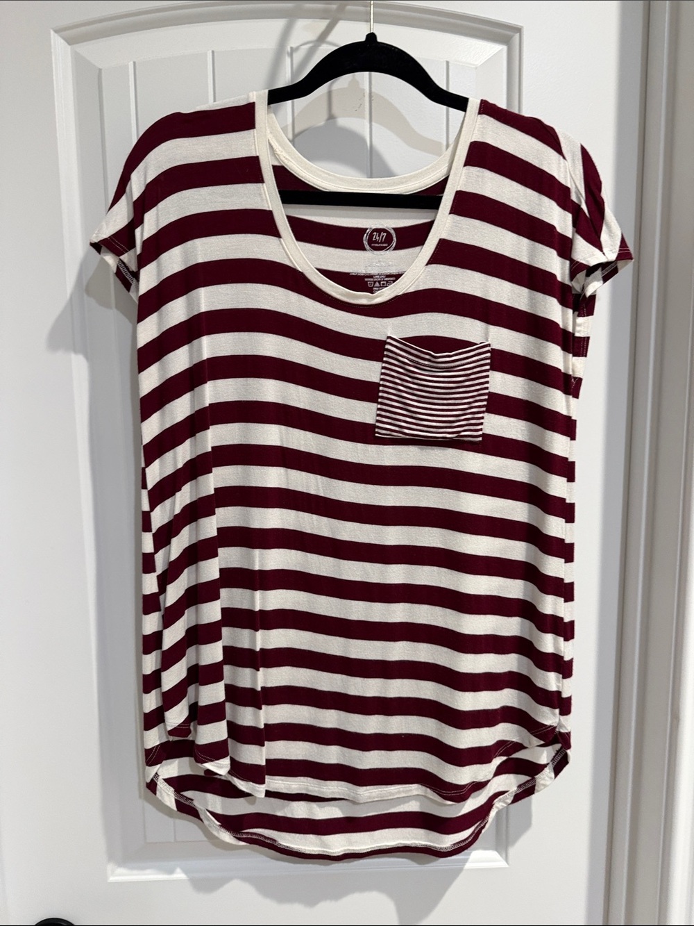 Striped Scoop Neck Pocket Tee - Burgundy & Cream